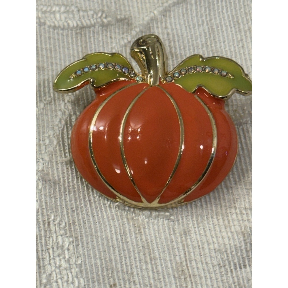 Vintage Orange Enamel Pumpkin Brooch Pin Gold Tone Rhinestone Fall Halloween